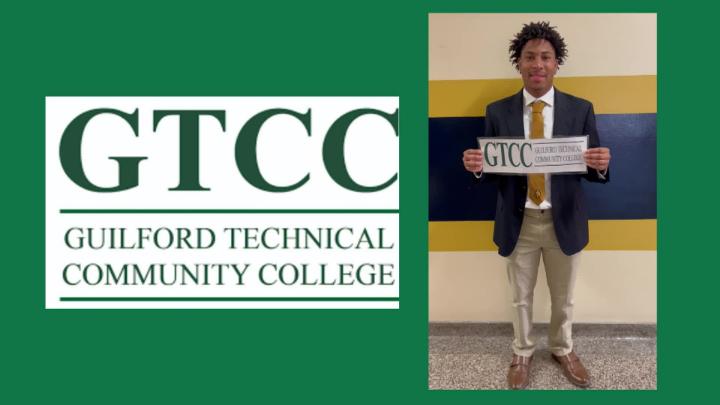 A&T 4 Middle College student holding a GTCC sign and the GTCC logo