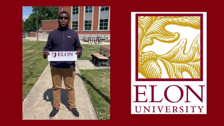 A&T 4 Middle College student holding an Elon University sign and the Elon University logo