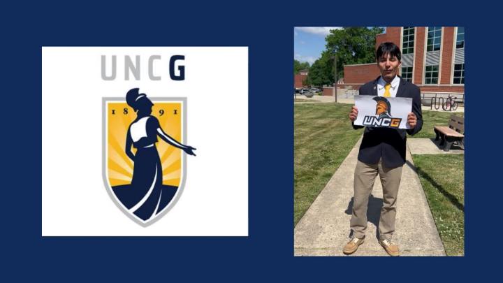 A&T 4 Middle College student holding a UNCG sign and the UNCG logo