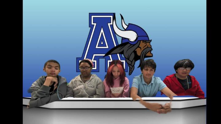 Five Allen Middle School students deliver school news in front of blue Allen Middle School Logo